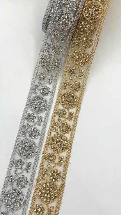 Silver & Gold Rhinestone Trim Lace