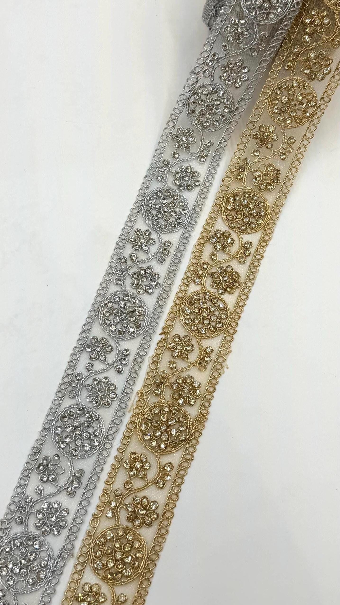 Silver & Gold Rhinestone Trim Lace