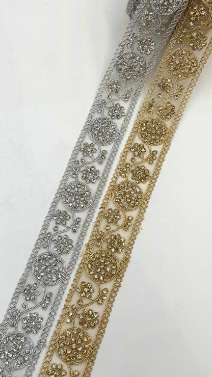 Silver & Gold Rhinestone Trim Lace