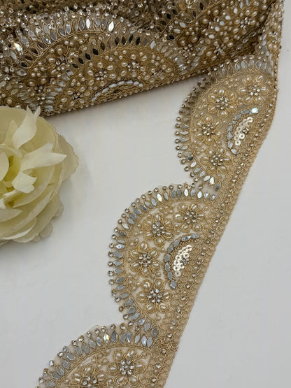 Gold Beaded Bridal Lace Trim, Pearl Rhinestone Applique