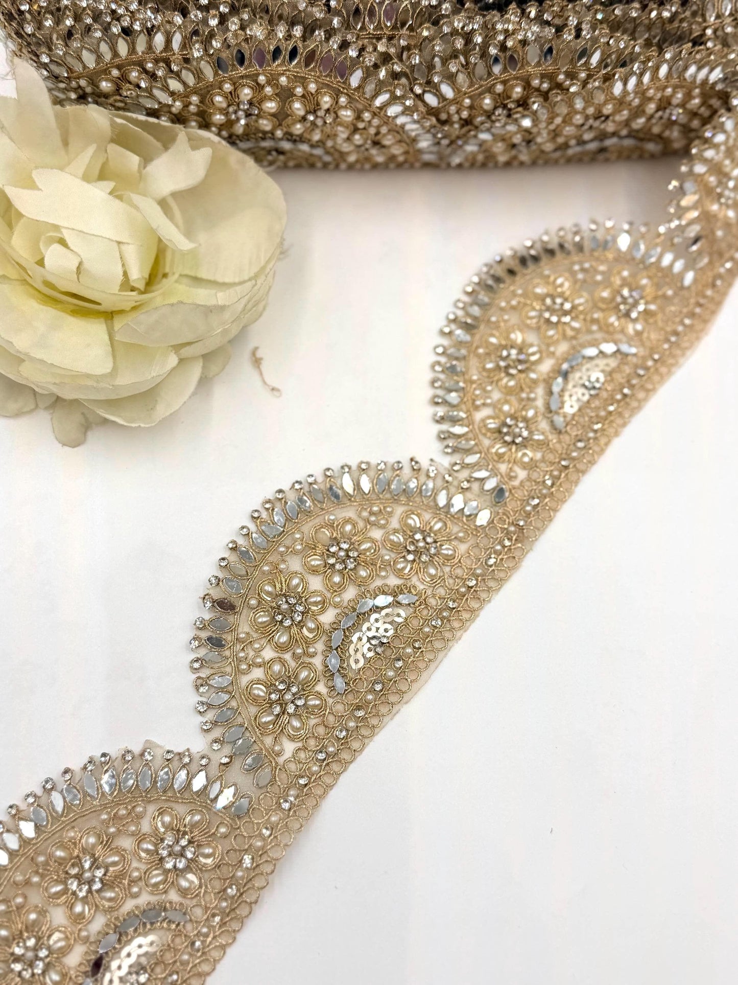 Gold Beaded Bridal Lace Trim, Pearl Rhinestone Applique