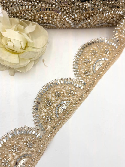 Gold Beaded Bridal Lace Trim, Pearl Rhinestone Applique