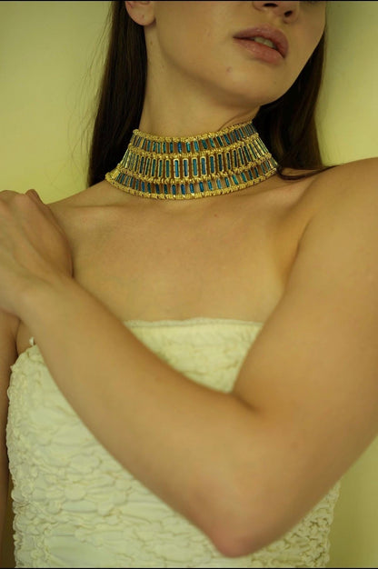 Handmade Blue Enamel Choker Necklace Statement Collar Necklace