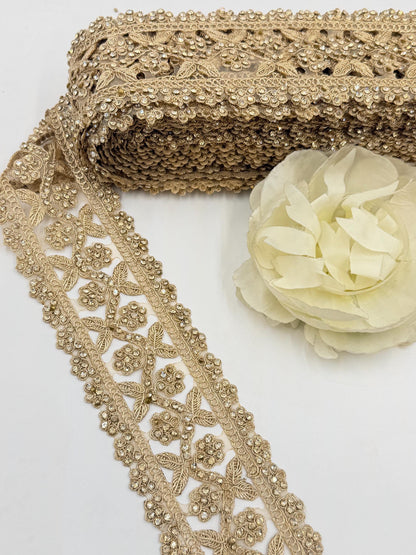 Gold Rhinestone Floral Lace Trim