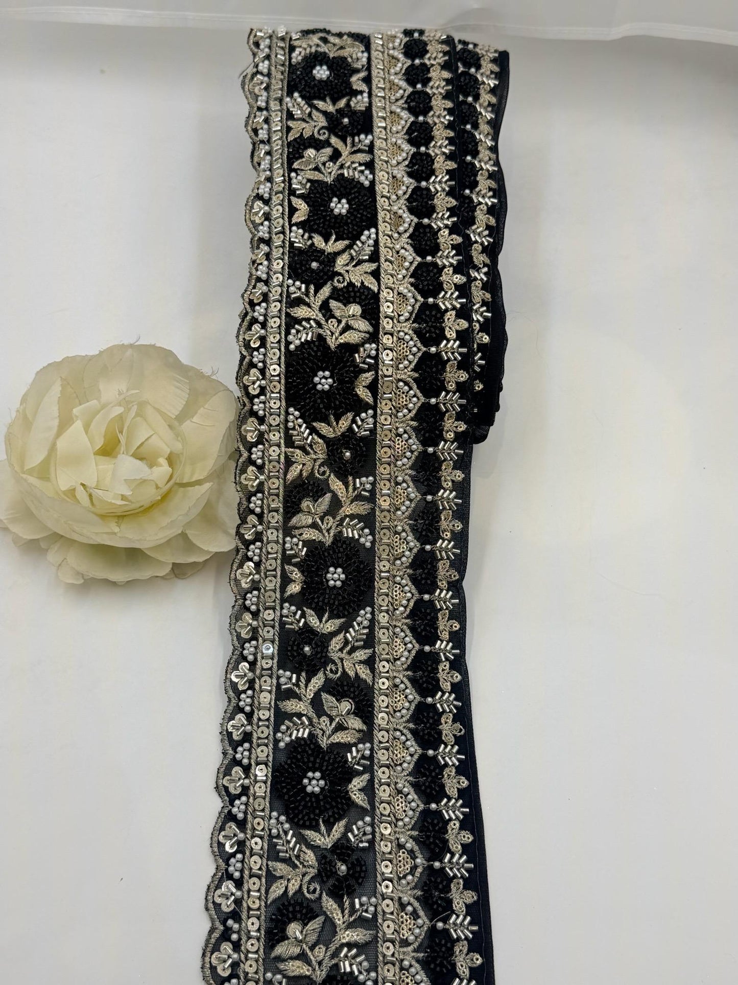 Black Beaded Embroidered Lace Trim