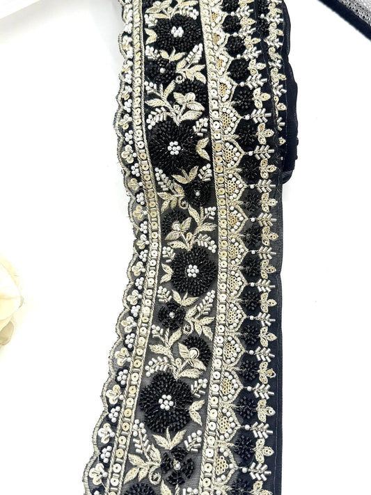 Black Beaded Embroidered Lace Trim
