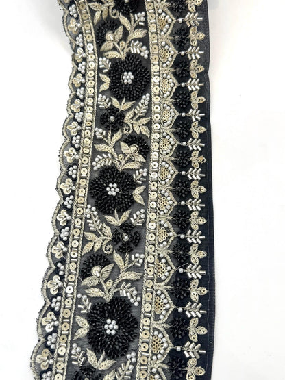 Black Beaded Embroidered Lace Trim