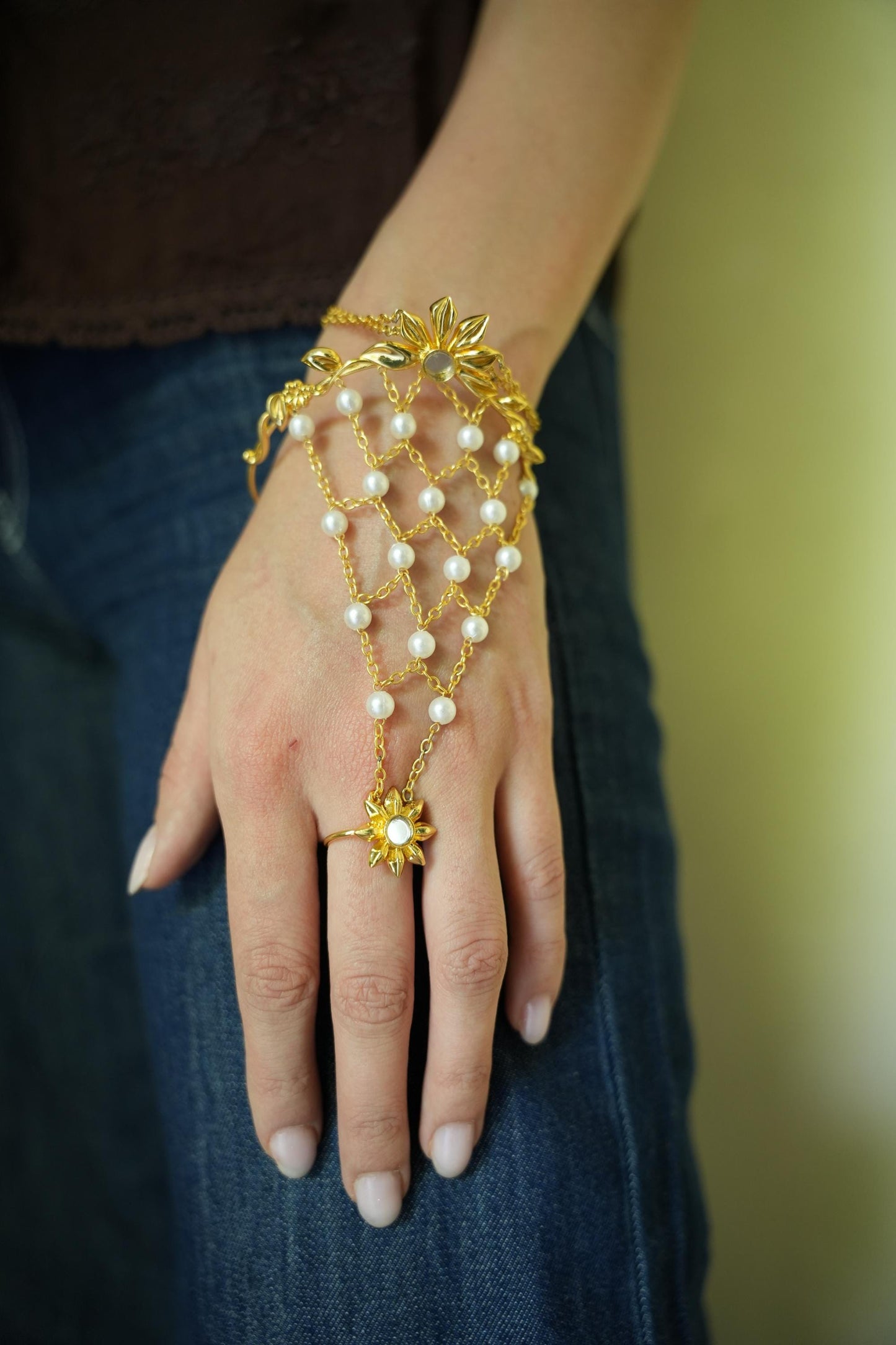 Pearl Hand Harness Bracelet Gold Hand Chain Ring
