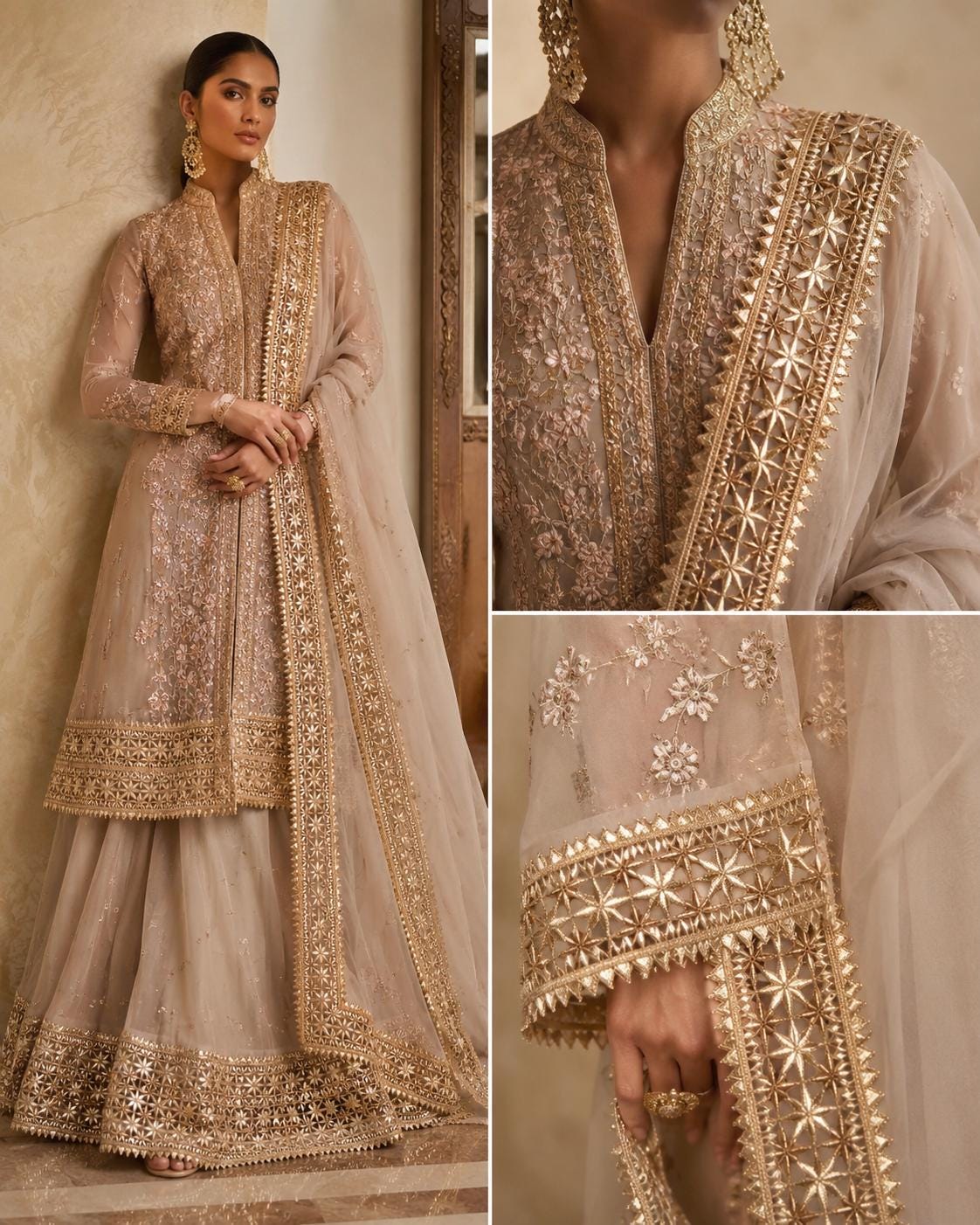 Gold Gota Patti Lace Trim Metallic Floral Border