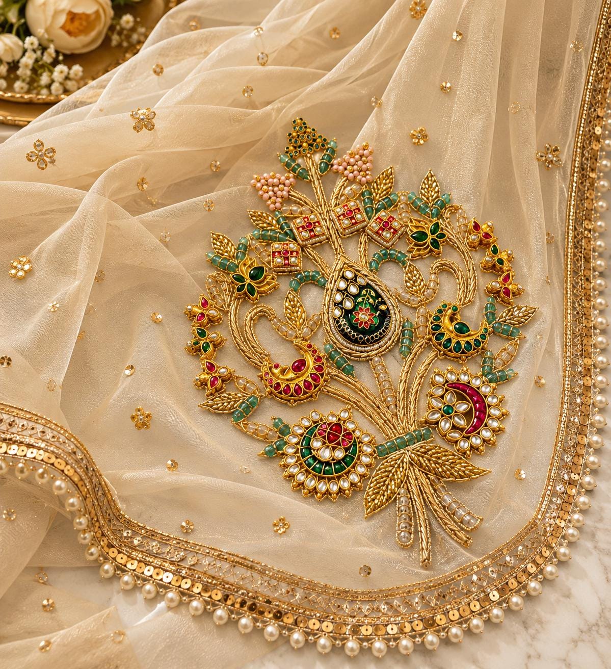Handcrafted Peacock Kundan Pearl Applique