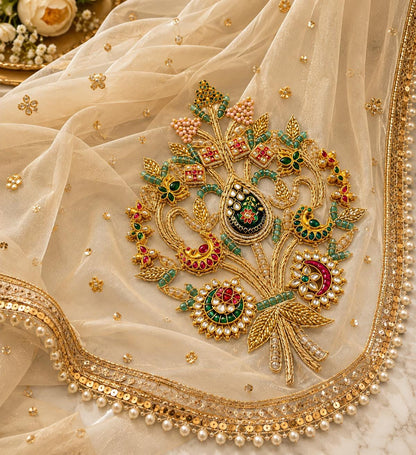 Handcrafted Peacock Kundan Pearl Applique