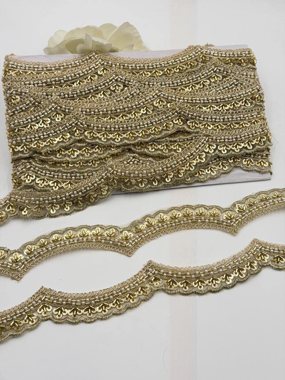 Luxury Gold Beaded Trim Handmade Cutdana Lace