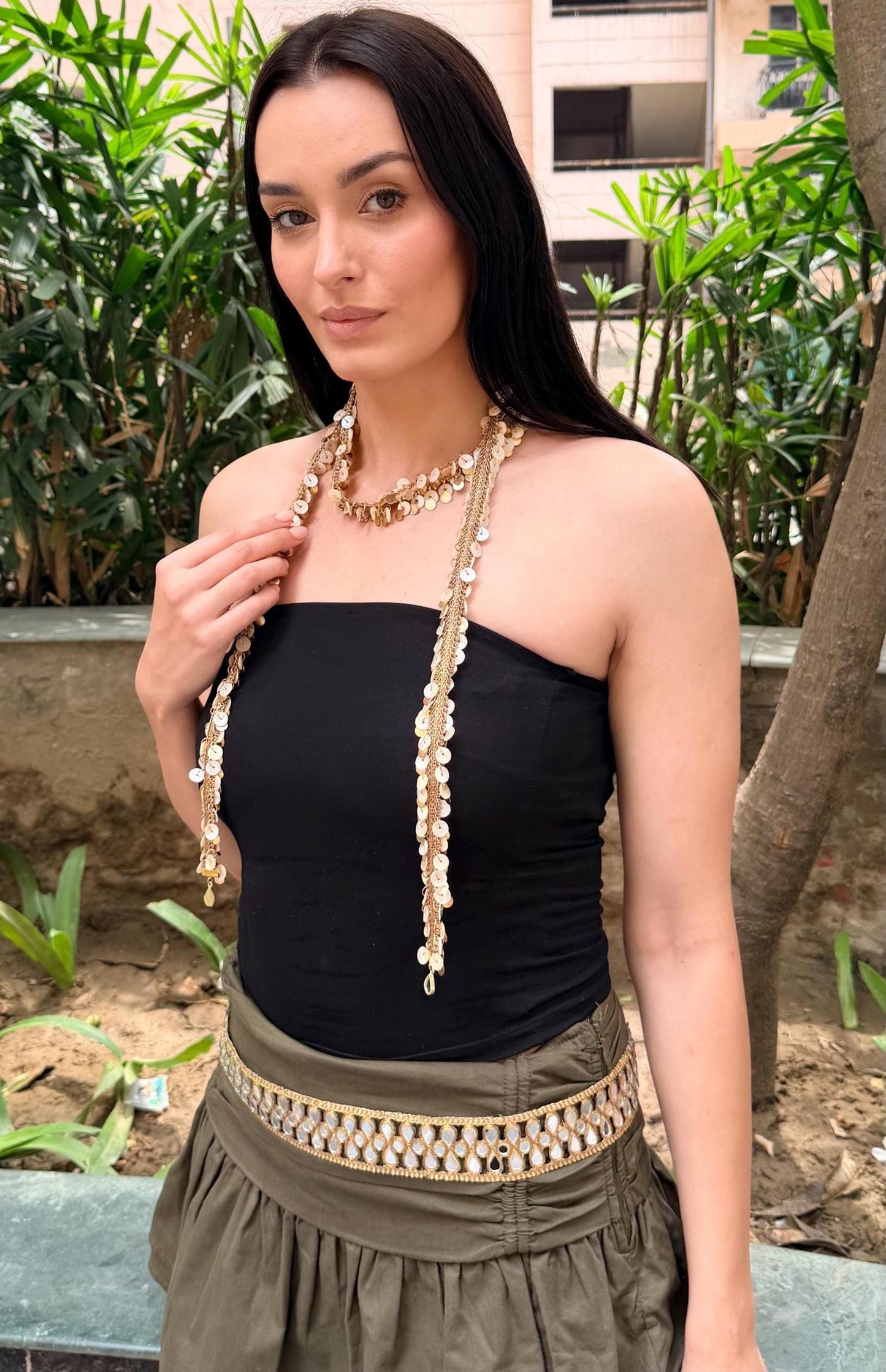 Gold Tassel Beaded Tie Up Necklace and Mirror Belt Set