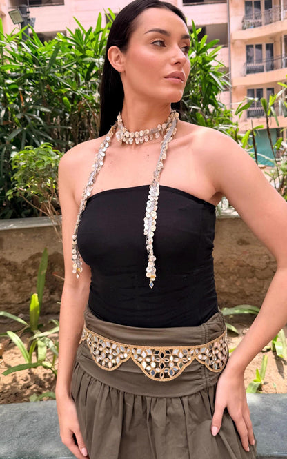Handmade Mirror Belt and Silver Tassel Choker Set