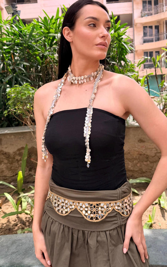 Handmade Mirror Belt and Silver Tassel Choker Set