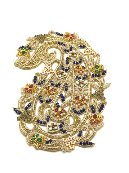 Handcrafted Paisley Jewelry Applique Patch Indian Zari Hand Embroidery Couture Kundan Crystal Embellish Bridal Wear Saree Lehenga Decoration