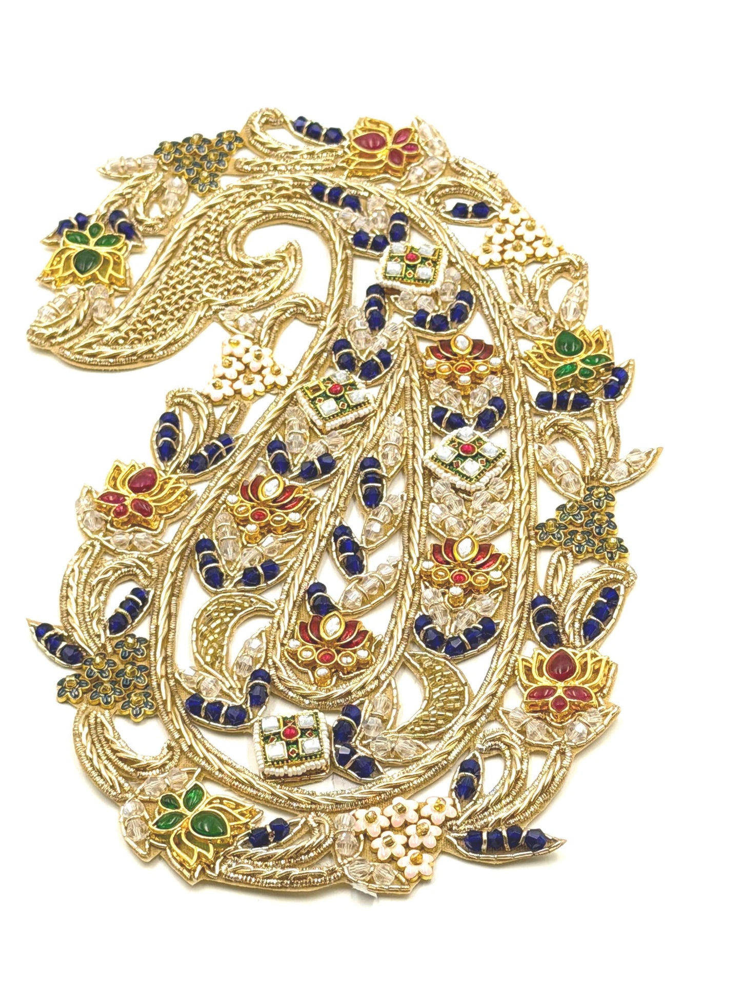 Handcrafted Paisley Jewelry Applique Patch Indian Zari Hand Embroidery Couture Kundan Crystal Embellish Bridal Wear Saree Lehenga Decoration