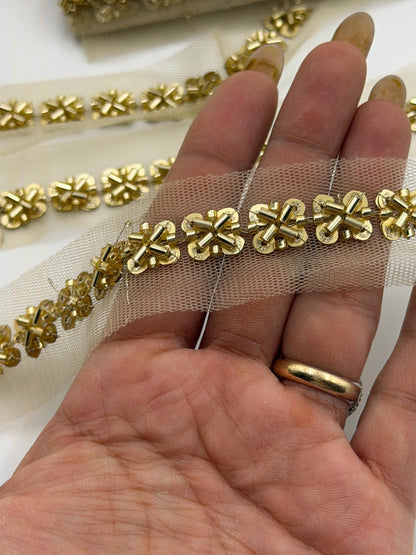 Hand Embroidered Cutdana Rhinestone Trim on Net Fabric