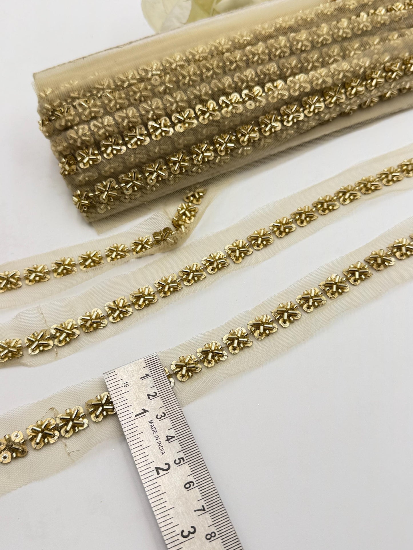 Hand Embroidered Cutdana Rhinestone Trim on Net Fabric