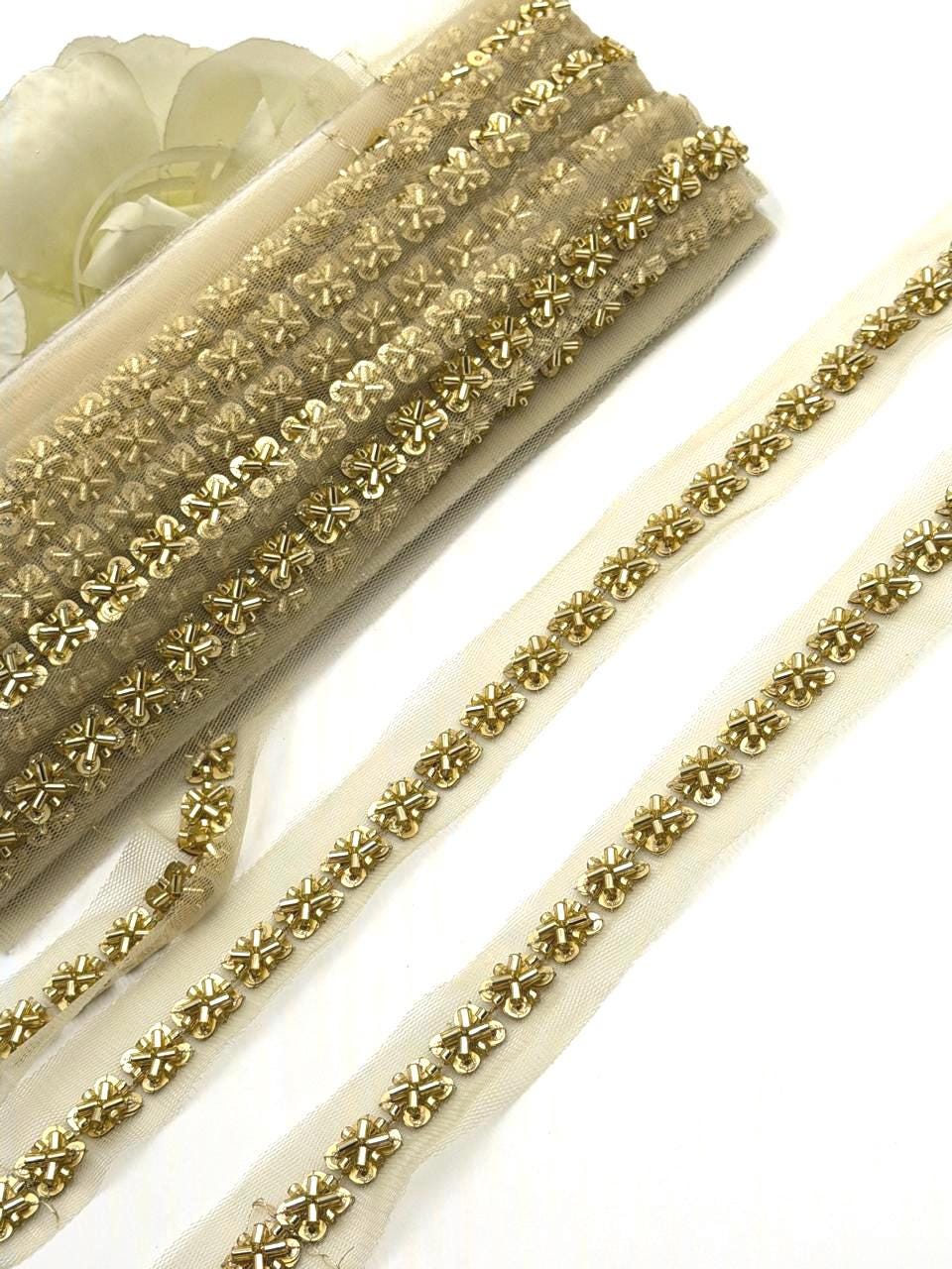 Hand Embroidered Cutdana Rhinestone Trim on Net Fabric