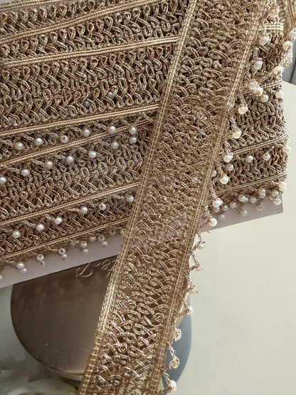 Antique Gold Zari Pearl Fringe Lace Trim