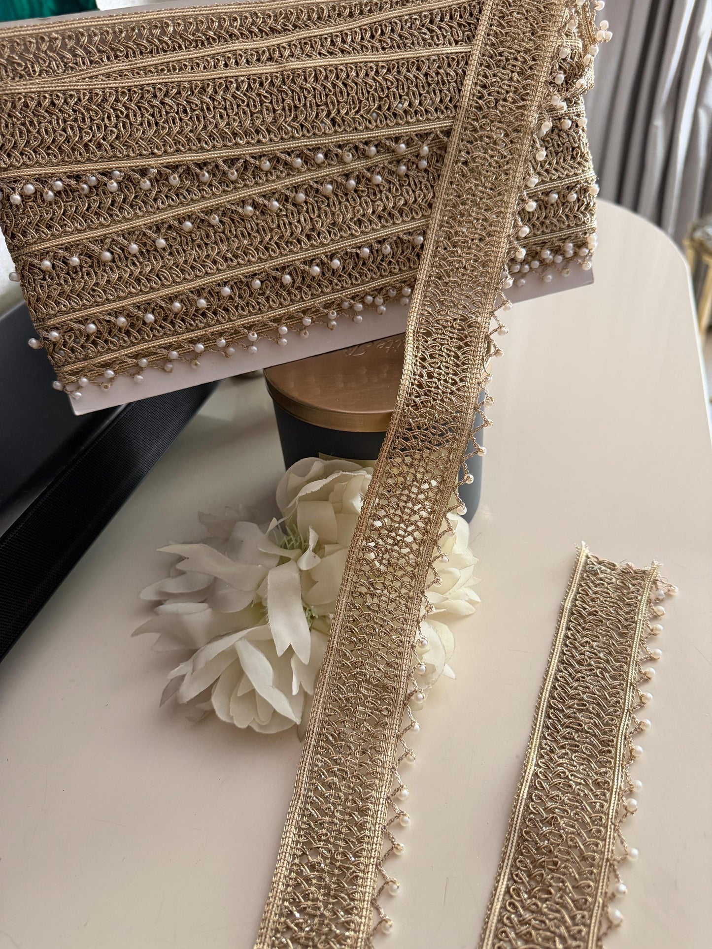 Antique Gold Zari Pearl Fringe Lace Trim