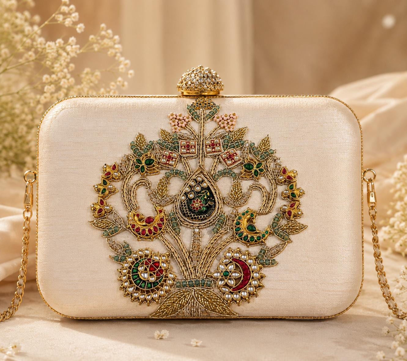 Handcrafted Peacock Kundan Pearl Applique
