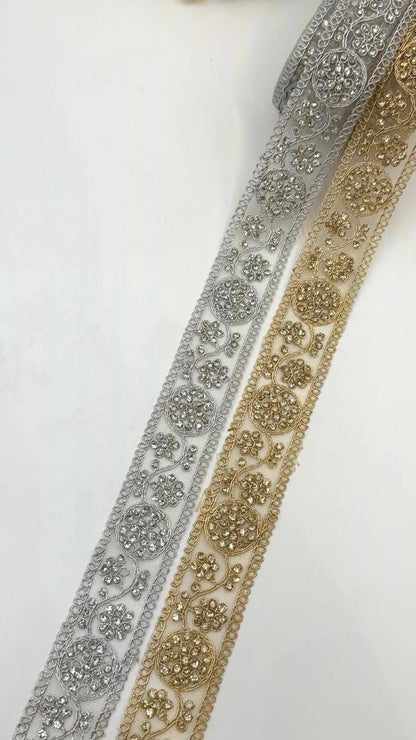 Silver & Gold Rhinestone Trim Lace