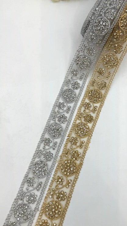 Silver & Gold Rhinestone Trim Lace