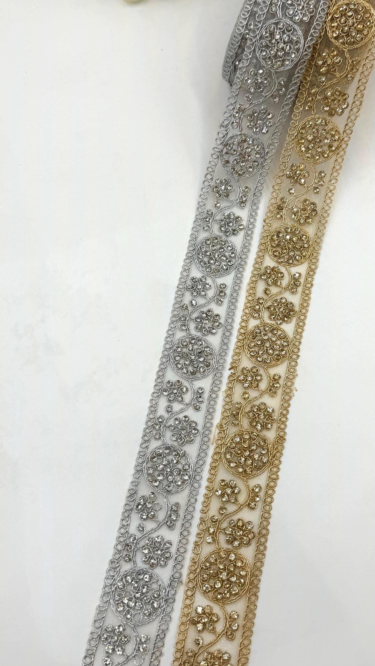 Silver & Gold Rhinestone Trim Lace