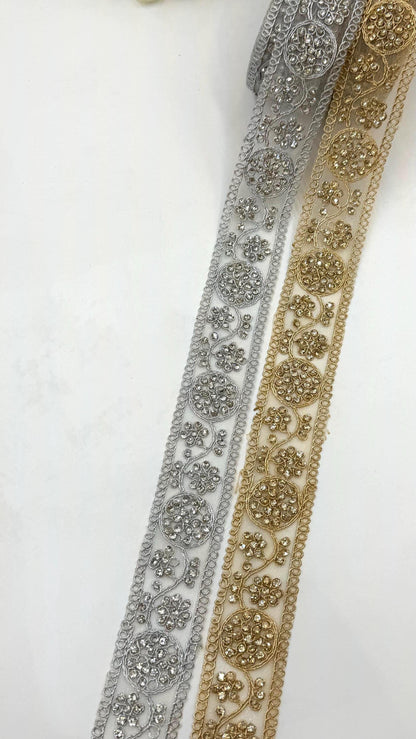 Silver & Gold Rhinestone Trim Lace