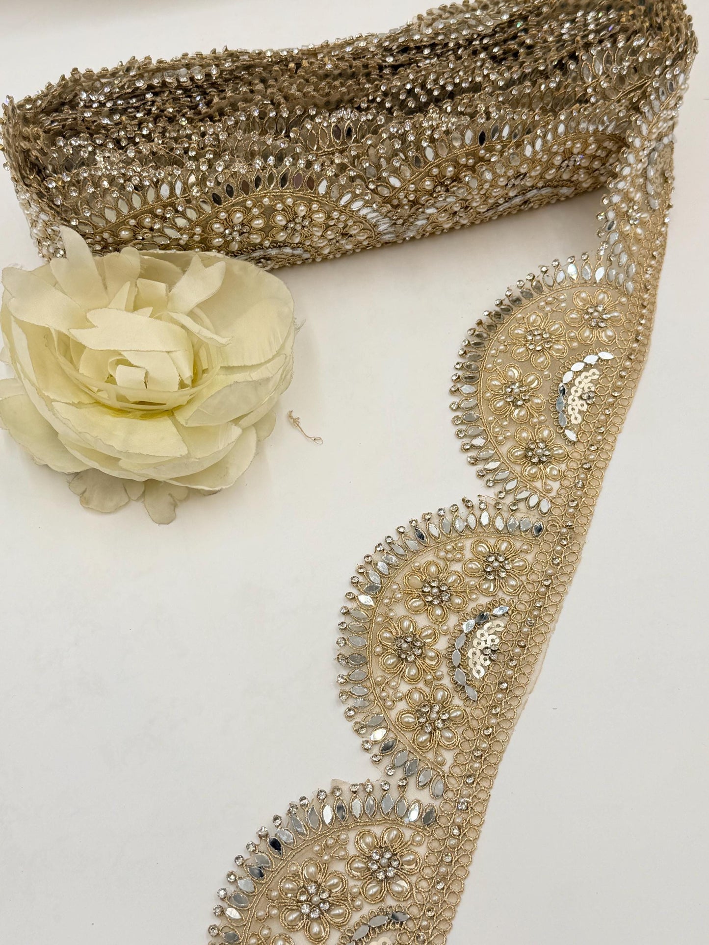 Gold Beaded Bridal Lace Trim, Pearl Rhinestone Applique