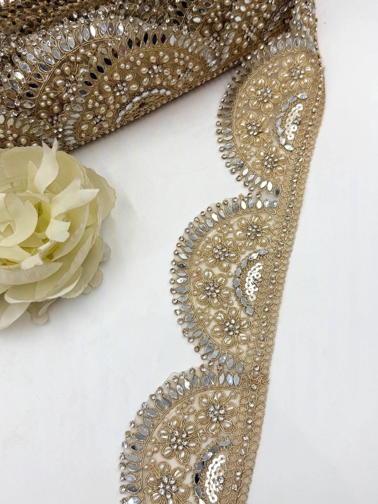 Gold Beaded Bridal Lace Trim, Pearl Rhinestone Applique