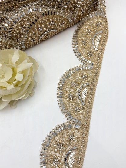 Gold Beaded Bridal Lace Trim, Pearl Rhinestone Applique