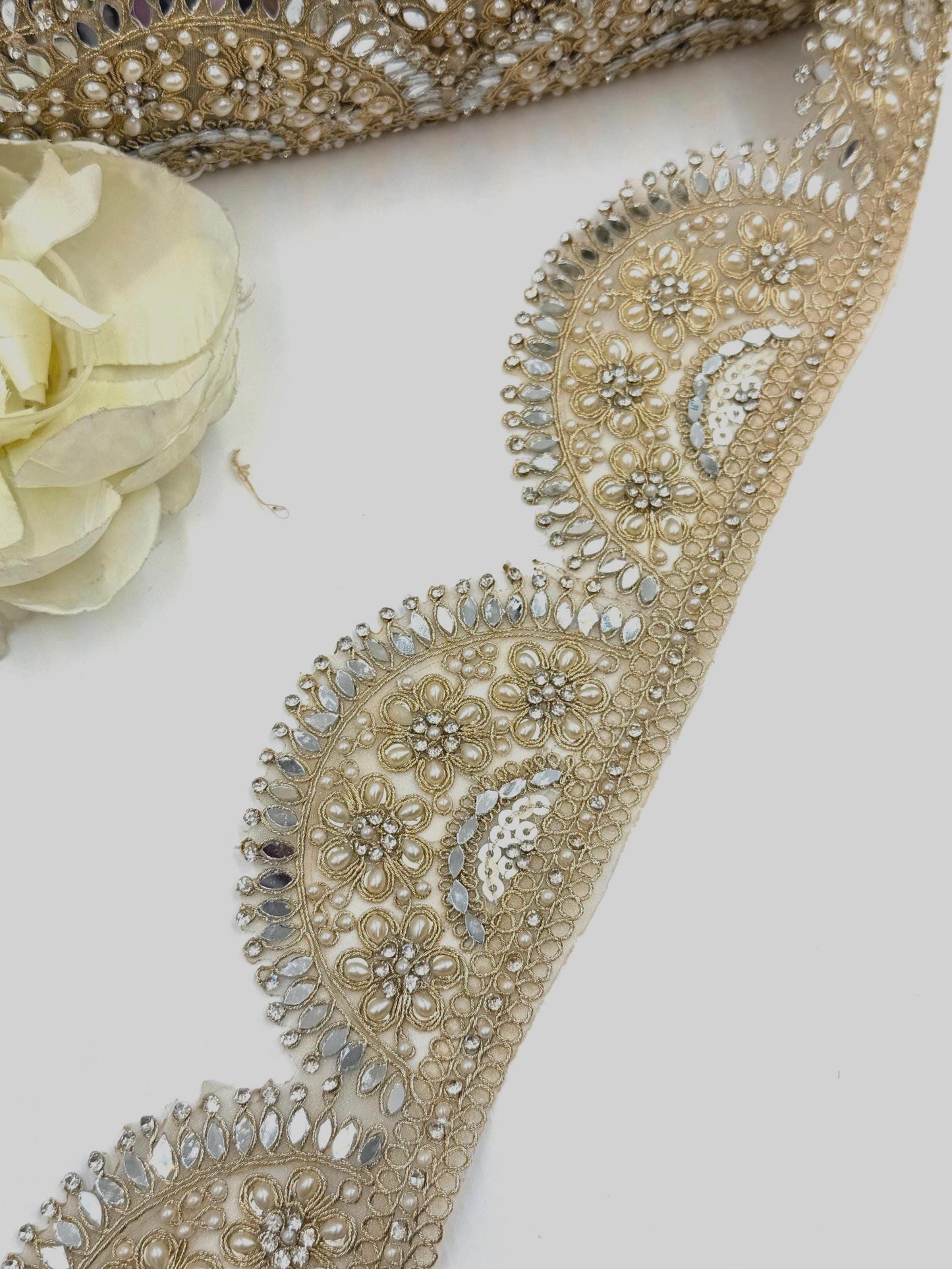 Gold Beaded Bridal Lace Trim, Pearl Rhinestone Applique