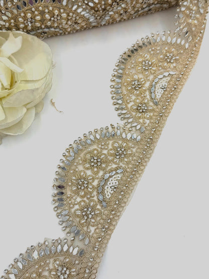 Gold Beaded Bridal Lace Trim, Pearl Rhinestone Applique