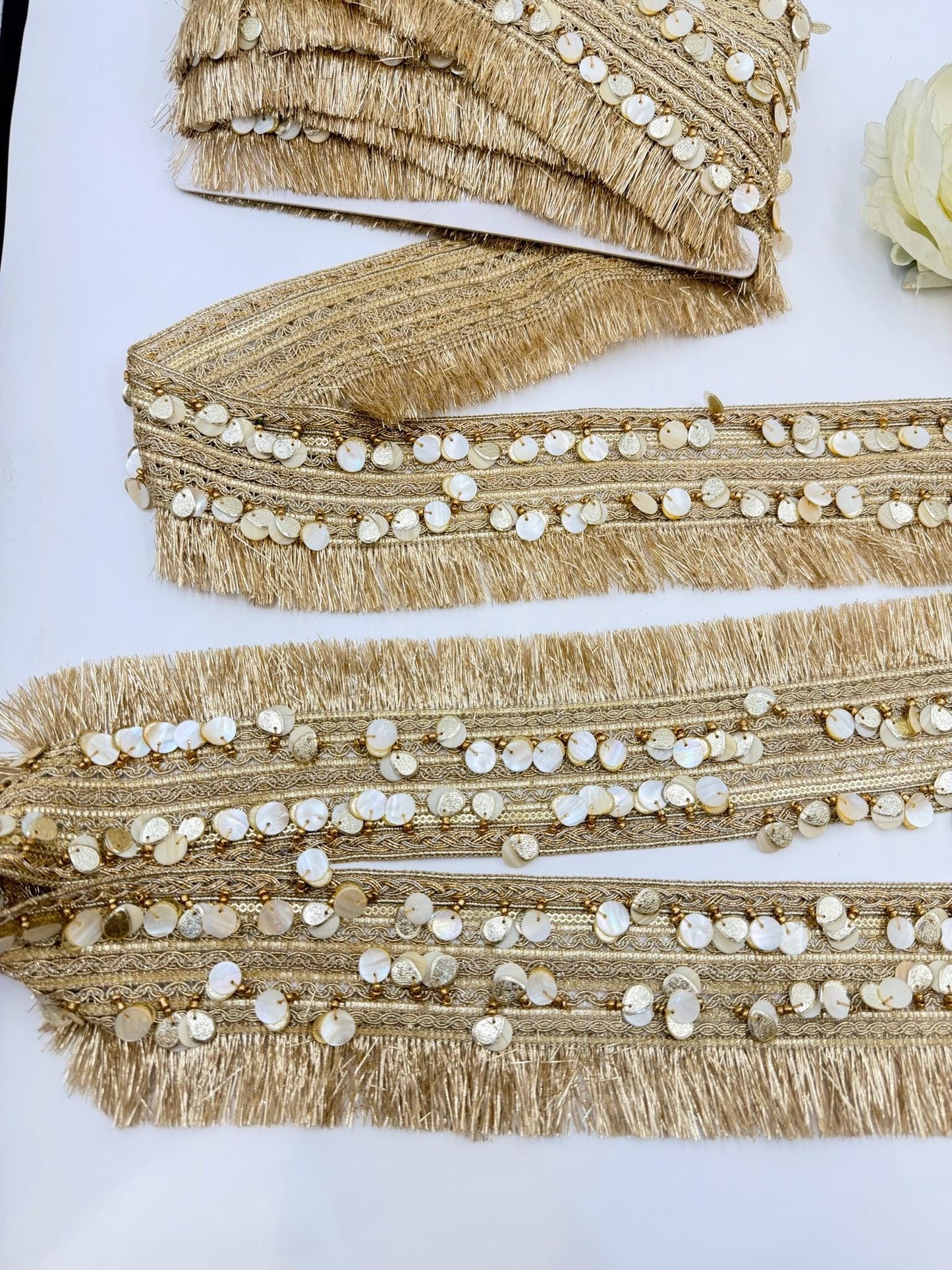 Champagne Gold Fringe Trim with Shell Sequins