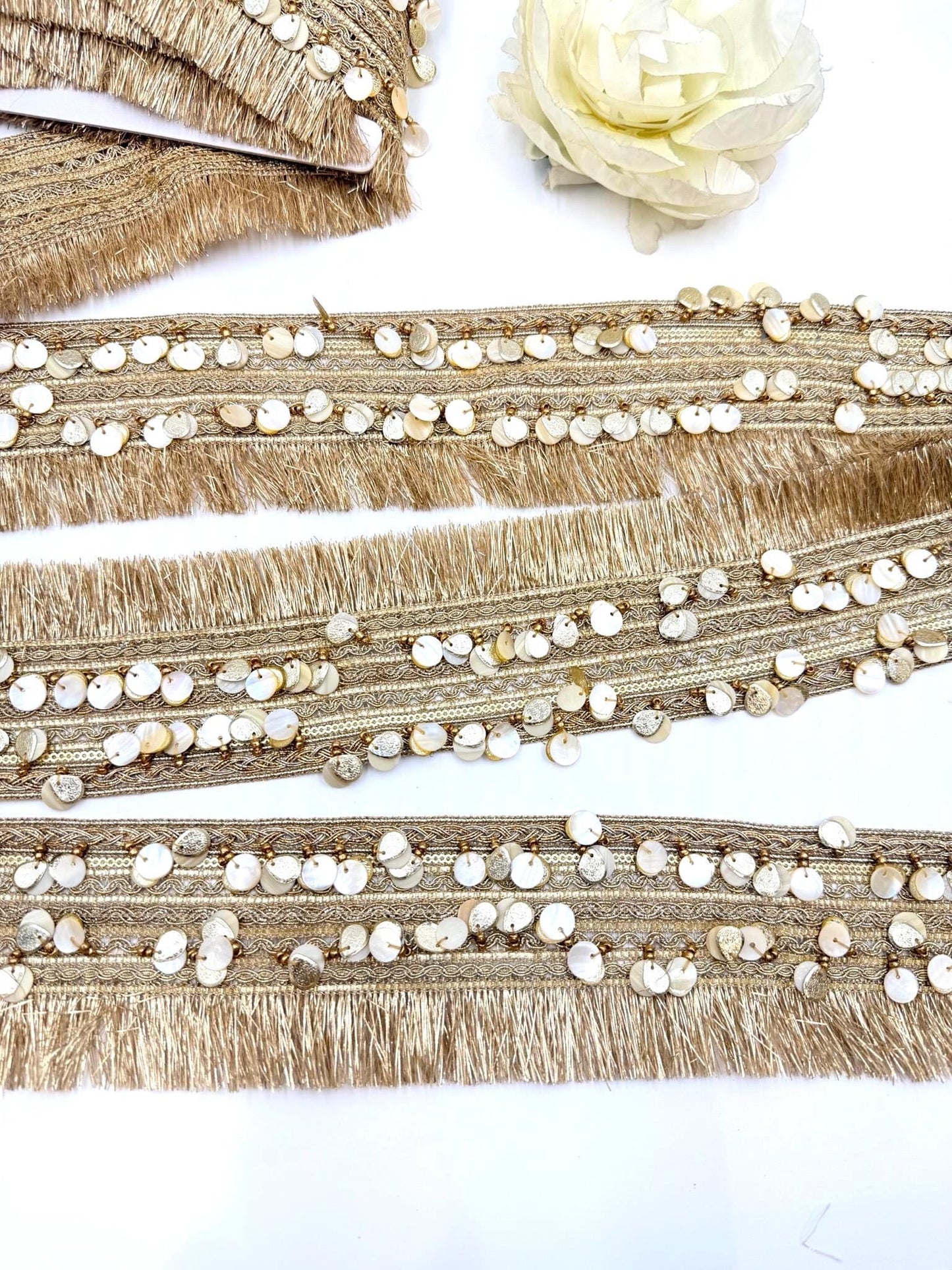 Champagne Gold Fringe Trim with Shell Sequins