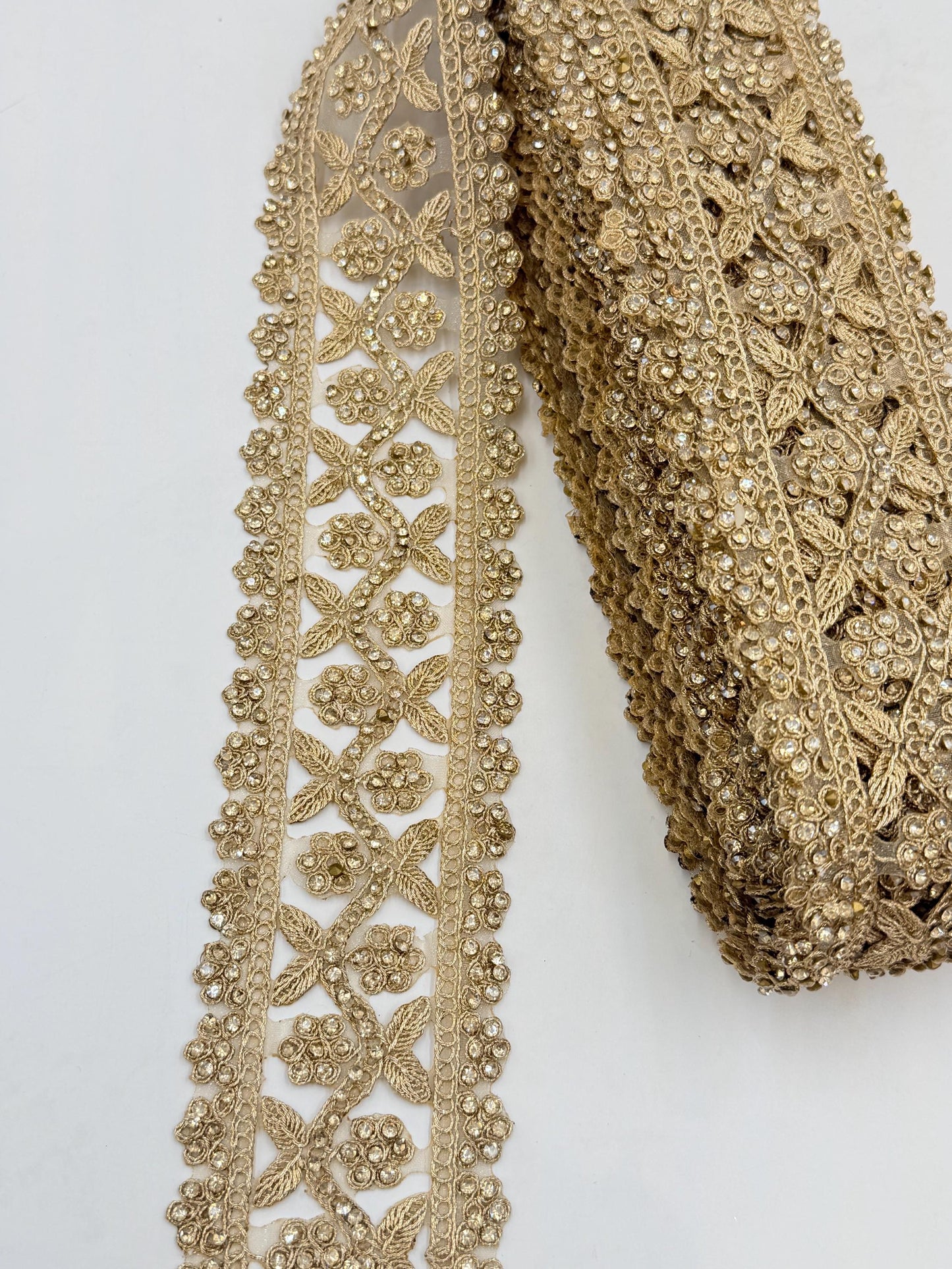 Gold Rhinestone Floral Lace Trim