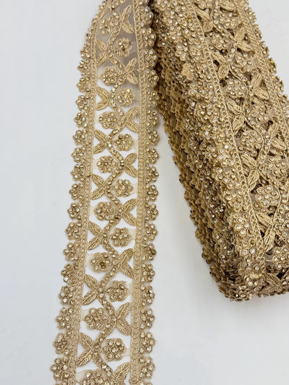 Gold Rhinestone Floral Lace Trim