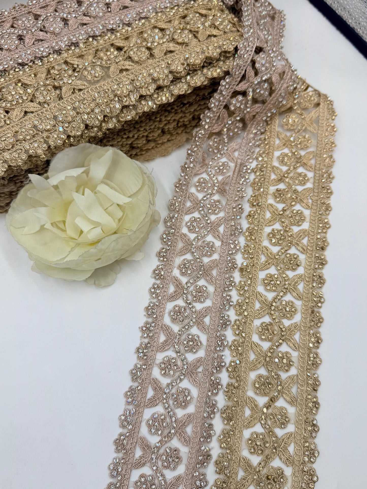 Gold Rhinestone Floral Lace Trim