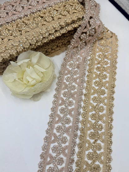 Gold Rhinestone Floral Lace Trim