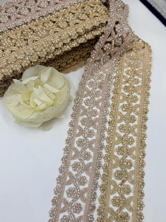 Gold Rhinestone Floral Lace Trim