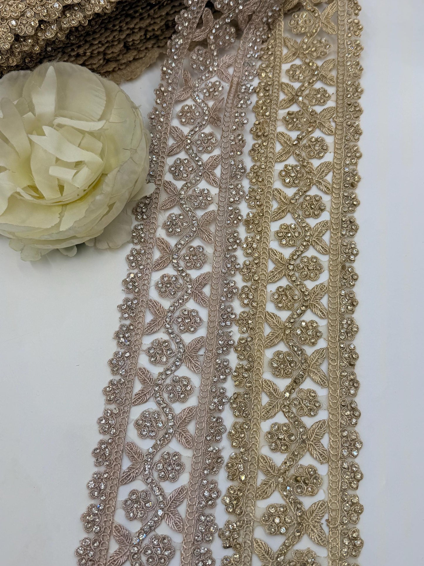 Gold Rhinestone Floral Lace Trim