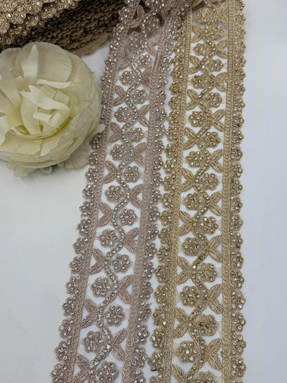 Gold Rhinestone Floral Lace Trim