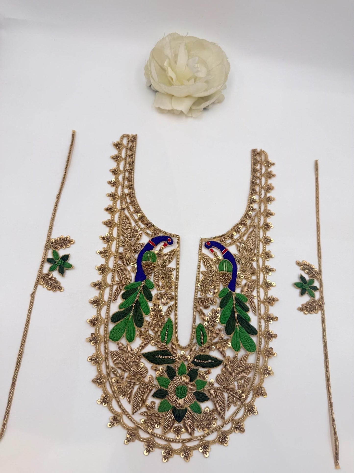 Hand Embroidered Peacock Neckline Applique