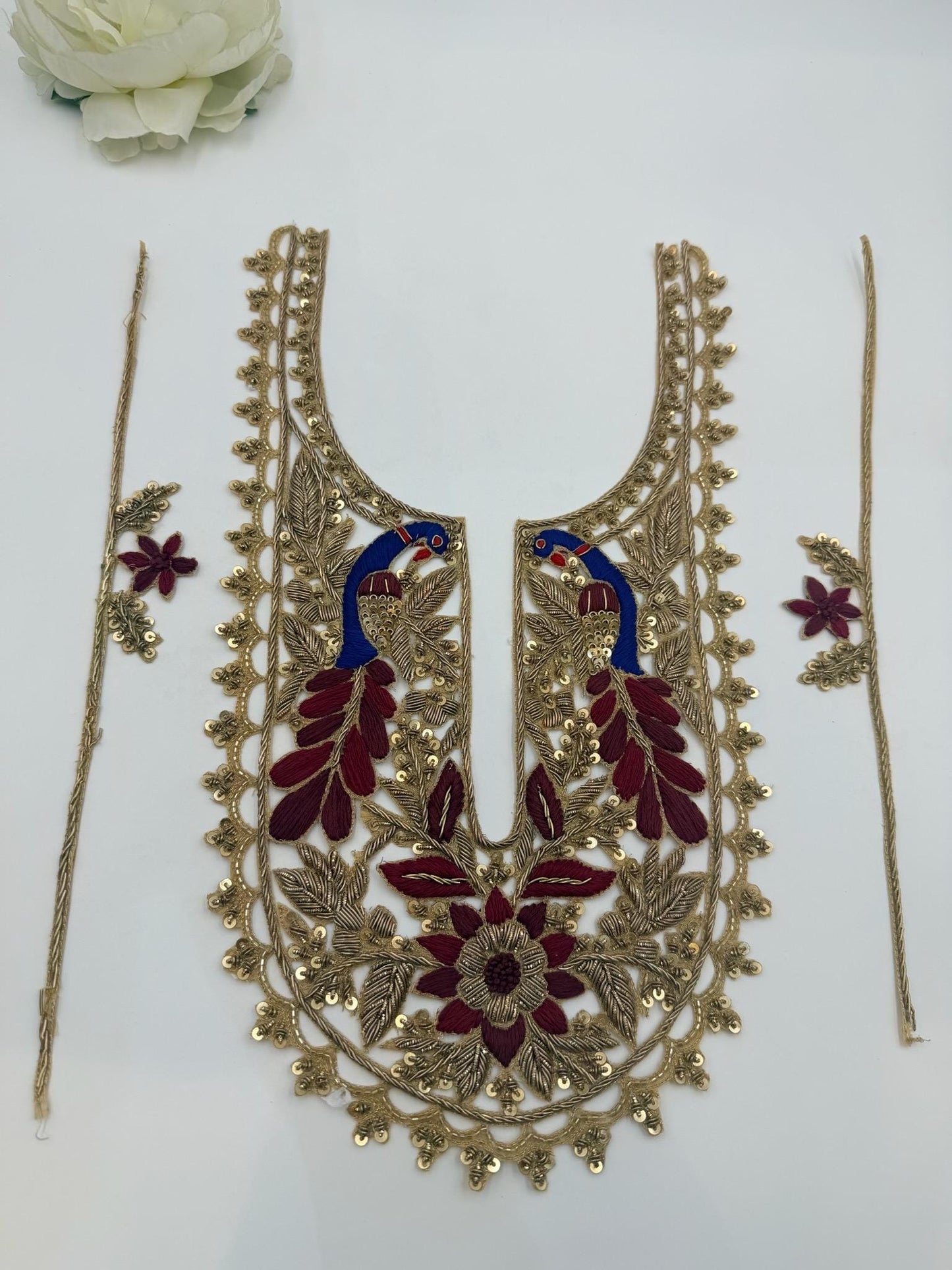 Hand Embroidered Peacock Neckline Applique