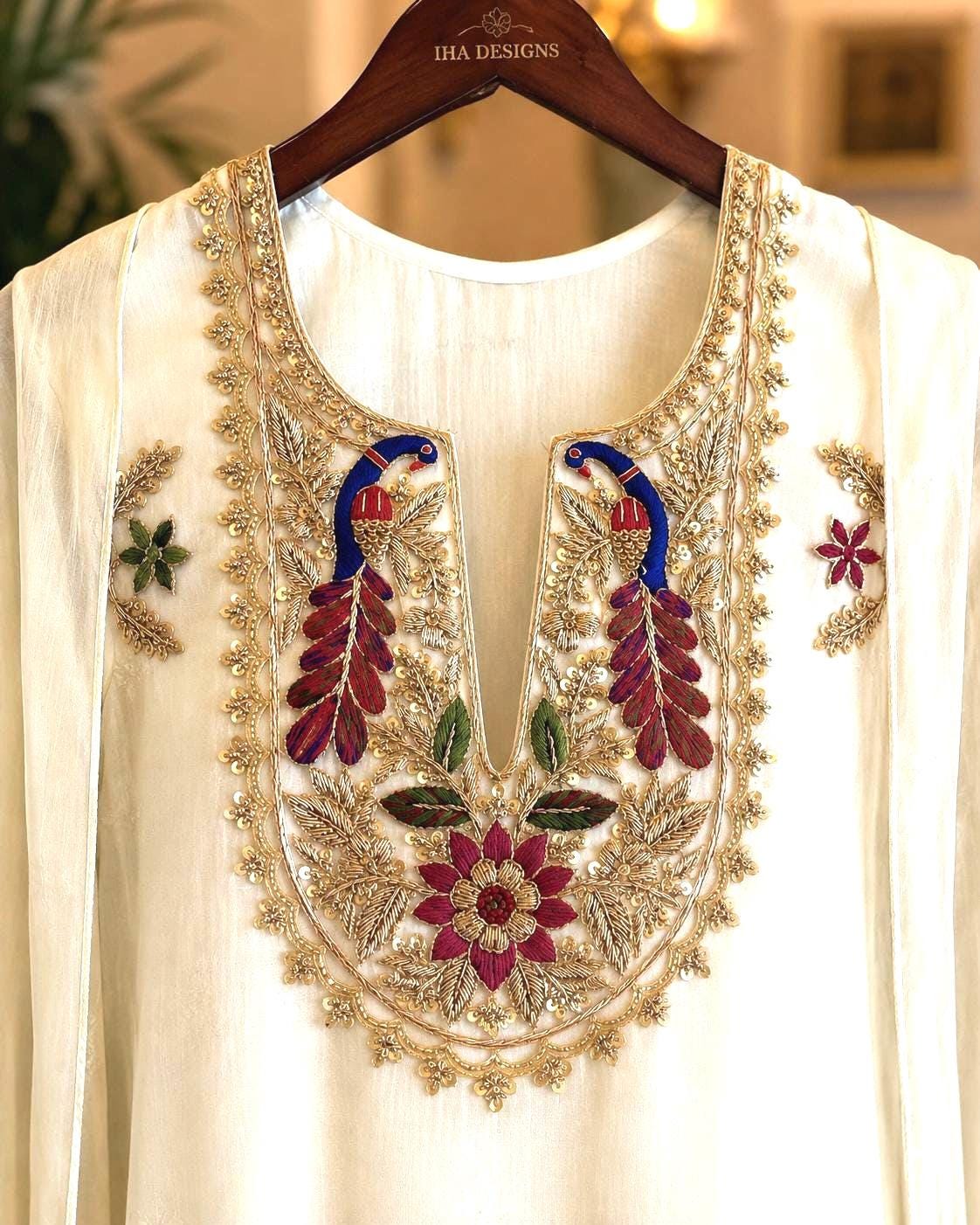 Hand Embroidered Peacock Neckline Applique