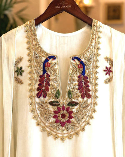 Hand Embroidered Peacock Neckline Applique
