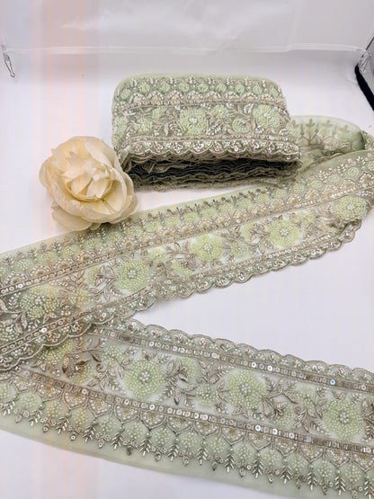Mint Green Glass Bead Lace Trim Border